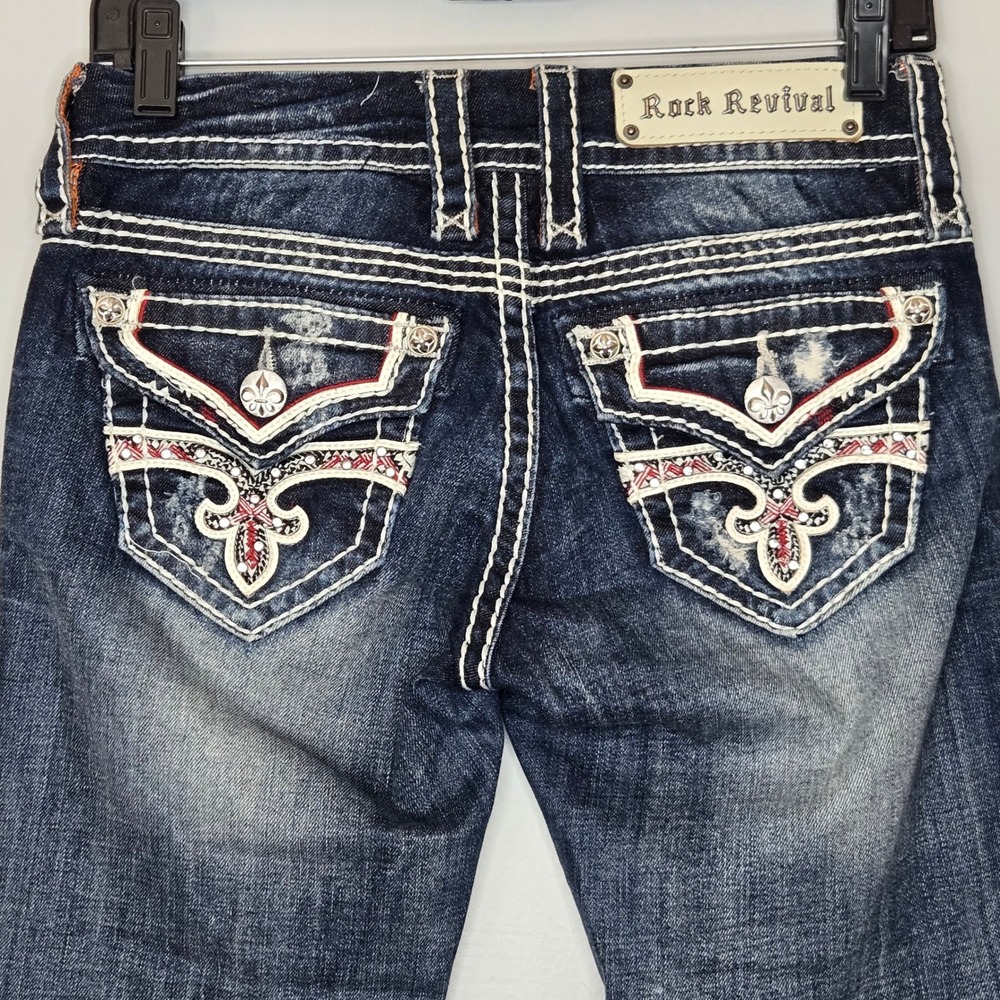 Rock Revival Womens Noelle‎ Capri distressed Jeans Dark Wash Embellished Sz 25 - Picture 8 of 14